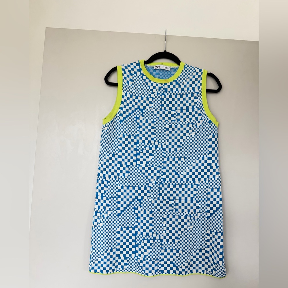 Zara Blue and White Patterned Top with Yellow/neon green Accents